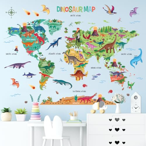DECOWALL DL3-2415 Adesivi murali per bambini con mappa del mondo dei dinosauri XLarge 151 x 106 cm Adesivi educativi cartoni animati rimovibili bambini ragazzi cameretta bambini soggiorno casa arte