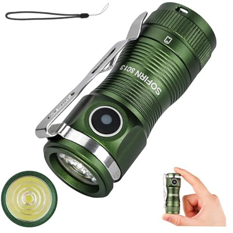 Sofirn SC13 - Linterna pequeña recargable (verde), linterna de bolsillo de 1300 lm, distancia óptica de 217 m, linterna LED extremadamente brillante con 5 modos, linterna EDC impermeable IP68 para