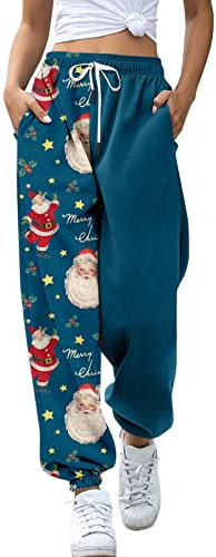 Hose Mit Weitem Bein Damen Jeans Pnly Hose Damen Jogginghose mit Weihnachtsdruck unten, Taschen, hohe Taille, sportlich, Fitnessstudio, athletische Passform, Hose Mit Weitem Bein Damen Jeans (Q, M)