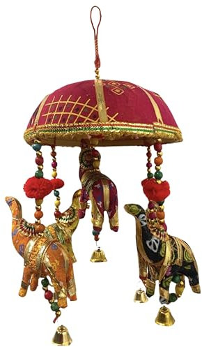 Elephant Ornament Umbrella Ethnic Kalamkari Multi colour Hand Crafted with Cotton Door Hanging Decorative Five Elephants with Beads and Bell Wind Chime 45 x 17 cms