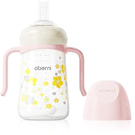 Oberni Baby Sippy Cup, Weighted Straw Trainer Cup, Toddler Drinks Water Bottle with Leak-Proof Valve Spout for 6+ Months, No Spill Training Cup with Handles for 12+ Months Learners 240ml/Pink