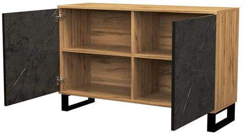 BDW - Kommode mit 2 Tür - 120cm breit, 88 cm hoch - Artisan-Eiche/Schwarzer Stein Schrank, Sideboard, Mehrzweck-, Schuhschrank, Schubladenkommode, Aktenschrank - Wohn-, Schlafzimmer, Industrial