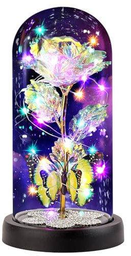 FAYODO Die Schöne und das Biest Ewige Rose, Blumen Geschenke für Mama, Rose in Einer Glaskuppel mit LED Licht Holzsockel für Freundin Frau am Weihnachten Muttertag Geburtstag Valentinstag Jahrestag