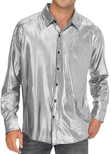 Glitzer Hemd Herren 70er Jahre Outfit Herrenhemd Metallic Glänzend Nachtklub Pailletten Shirt Langarm Retro Partyshirt Fasching Oberteile Freizeithemd Glitzerhemd Disco Party Karneval Kostüm
