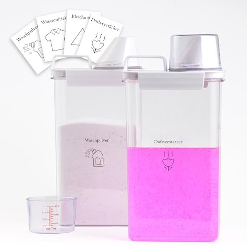 Vividron 2er-Pack Waschmittel Aufbewahrung, Aufbewahrungsbox für die Organisation des Waschraums mit 4 abnehmbaren Etiketten – Flüssigwaschmittelspender, Weichspülerbehälter (2300ml)