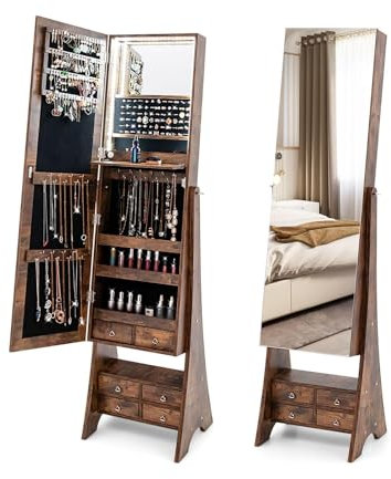 COSTWAY Schmuckschrank mit Spiegel, Spiegelschrank mit Beleuchtung, Schmuck Organizer mit Schubladen und klappbaren Ablage (Braun)