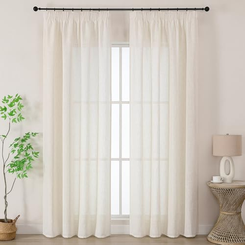 Joydeco Rideau Voilage Lin Naturel avec Galon Fronceur sur Rail 140x245cm 2 Panneaux, Rideaux Voilages Semi-Transparent Hauteur 200cm pour Decoration de Porte-fenêtre Chambre Salon, Beige Avoine