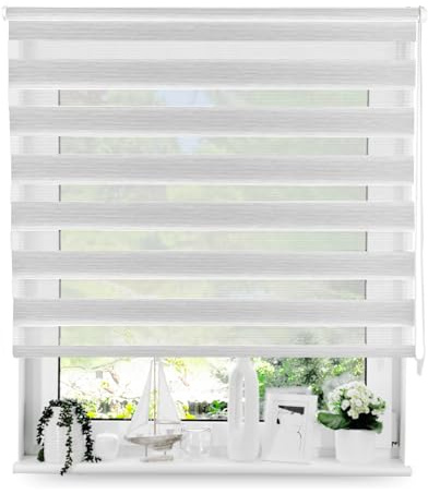 Tom'Shop Doppelrollo mit Schrauben Weiß-Grau-Melange 140cm x 150cm | Duo Rollo Fensterrollo Seitenzugrollo mit Bohren für Lichtschutz Sichtschutz Sonnenschutz leichte Montage