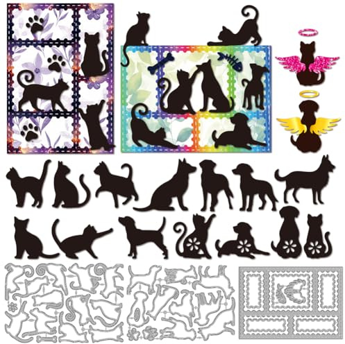 MAYJOYDIY Katzen Hunde Silhouette Stanzformen Stempelrahmen Metall Stanzschablone Tierpfotenabdruck Engelsflügel Prägung Karbonstahl Schablonen Für Kartengestaltung DIY Scrapbooking Alben Geschenke