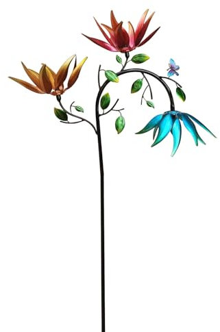 Windmühle Aus Metall, Solar Metall Windrad, Windrad Garten,Große Windspiel Garten Dekoration - 95cm Windmühle mit 3 Blumen & Schmetterlingen, Wetterfest für Rasen (30 * 90 cm)