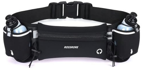 ROSSRORE Unisex Running Hydration Belt with 2x6oz Water Bottles - No Bounce Design, Waterproof Waist Pack for Phone, Reflective Gear for Runners, Cyclists, Hiking (Black)