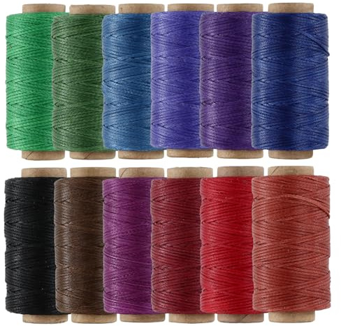 KIVISIN Lot de 12 cordons cirés de couleur foncée - Plat - 1 mm - 210D - 49,7 m par bobine - Fil polyester ciré pour cuir, tissus d'ameublement, couture, perlage, reliure de livres, macramé, tissage