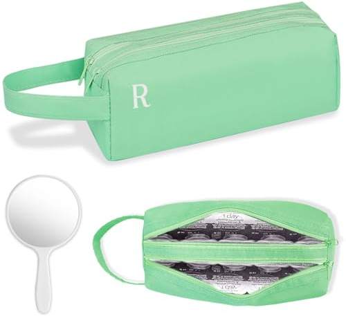 OBUSATT Daily Contact Lens Organizer with Hand Mirror Portable Storage Case for Daily Contact Lenses Travel Storage Case with Clearly Labeled R & L, Each Hold 30 PCS Total Hold 60 PCS (Green)
