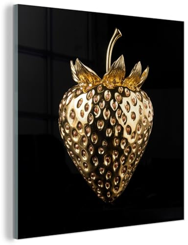 MuchoWow© Glasbilder Wohnzimmer Deko Modern Wandbild Kunstdruck auf Glas | 50x50 cm - Bild Schlafzimmer über Bett Room Decor Geschenke Erdbeere - Gold - Schwarz - Chrom