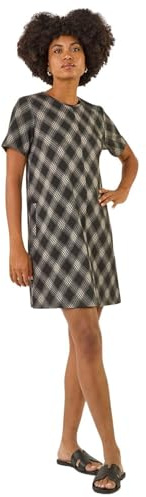 Roman Originals Check Print T-Shirt Stretch Dress for Women UK - Ladies Everyday Autumn Winter Round Neckline Comfy Soft Evening Vacation Work Party Night Out