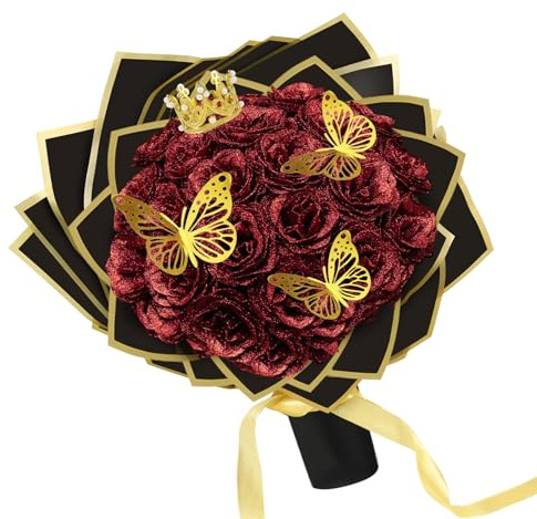 24Pcs Glitter Roses Bouquet, DIY Artificial Red Rose Bouquet with Crown and Butterfly, Glitter Flowers Artificial Bouquet,Preserved Flowers for Gifts Valentine's Day,Christmas,Anniversary,Birthday,Red