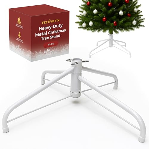 Festive Fix Weißer Weihnachtsbaumständer für echte Bäume - Robuster Weihnachtsbaumsockel aus Metall mit verstellbaren Schrauben & stabilem Stativdesign - Langlebiger Weihnachtsbaumhalter für echte