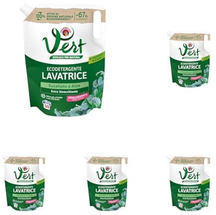 Vert - Ecodetergente Lavatrice - Fragranza Eucalipto e Aloe, 100% Origine Naturale, Funzione Extra Smacchiante, Efficace a Freddo e nei Lavaggi Brevi, Ipoallergenico - Flacone da 1200 ml, 30 Lavaggi