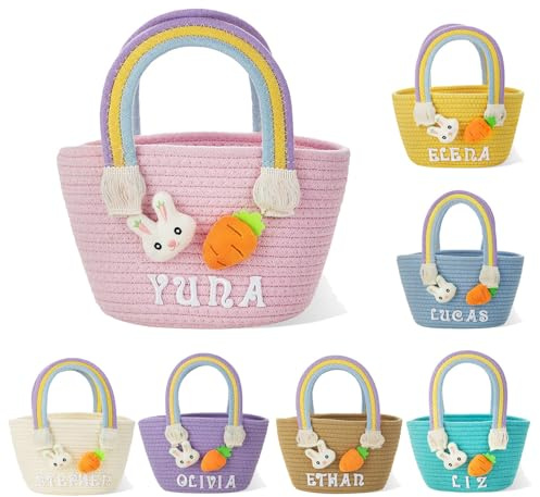 GSTFY Personalisierter Name Osterkorb Baumwoll-Personalisierte Hasenkorbe mit Regenbogengriff Hasen Karotten Eiersuche Eimer Beutel Osterparty Dekorationen Geschenke für Kinder Tochter Sohn