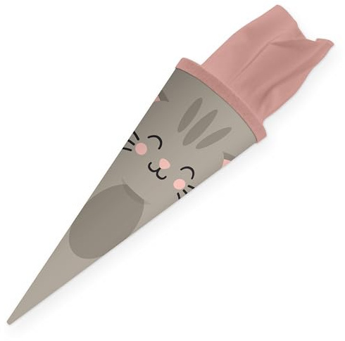 itenga Schultüte 35 cm Kawaii Tiere – Geschwister Schultüte mit Filzverschluss – kleine Zuckertüte Einschulung – Dino, Giraffe, Einhorn, Katze, Pinguin (Katze)