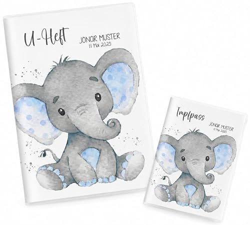 U-Heft und Impfpasshülle mit Personalisierung| 3- teiliges Set | Hochwertige Hülle für Untersuchungsheft und Impfpass Deines Kindes | Elefant blau (mit Personalisierung)