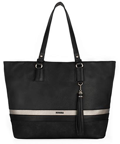 David Jones - Damen Tote Shopper Große Kapazitat - Schultertasche Weiche Leinwand Lange Henkel - Frau Mehrfarbig Gestreift Tragetasche - Shopping Handtasche A4 Arbeit Reise Schule Tasche - Schwarz