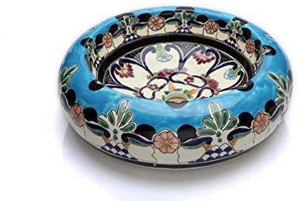 La Reina - Keramisches buntes Waschbecken in Türkis, Mexikanische Rund Aufsatzwaschbecken | 40 cm Keramik Talavera Waschbecken aus Mexiko