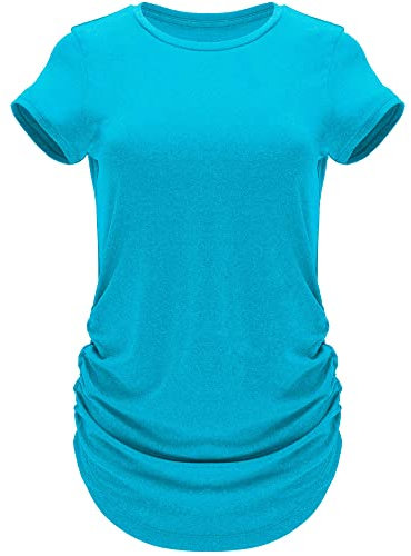 GO HEAVY Damen Multifunktions Work-Out Running T-Shirt Kurzarm Tennisshirt Seiten Plissiert Feutigkeitsregulierdend Türkis L