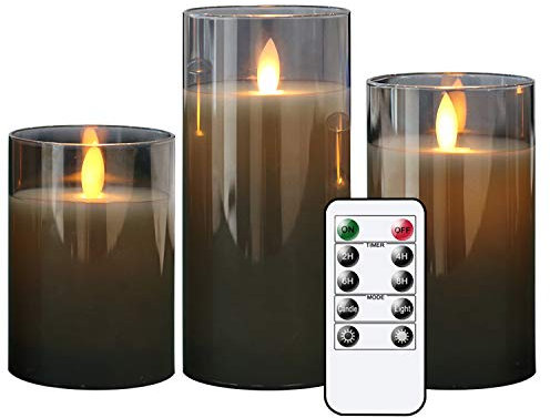 Eldnacele LED Kerzen mit Timerfunktion flackernde Flamme, elektrische Echtwachskerzen im Glas, beweglicher Docht, 3-teilige flammenlose Kerzen-Set mit Fernbedienung, Art u. Zimmer Deko, Grau