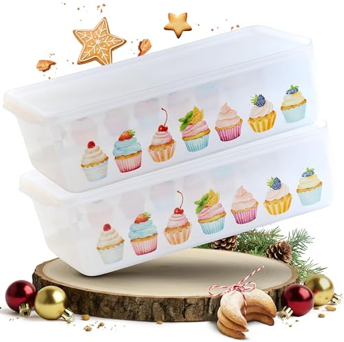 MiraHome Keksdosen 2er Set transparent mit Cupcakes-Design 5L – Rechteckige Plätzchendosen – Ideal als Keksdose für Weihnachten – Plätzchendose für die Weihnachtszeit