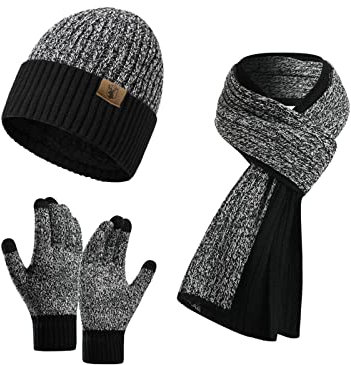 INSISMY Mütze Schal und Touchscreen Handschuhe Set Wintermütze Thermohandschuhe Schal für Herren Strickmütze 3 STÜCKE Unisex Hüte für Damen Winter Accessoires für Herren Damen
