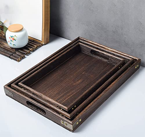 AHUNTTER Set of 3 Wooden Tea Tray with Handle - Large, Medium and Small Wooden Rectangular Serving Trays, Breakfast Snack Tray for Food, Kitchen, Party, Home Décor, Butler- Brown