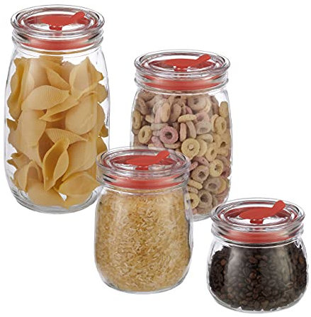Relaxdays Vorratsgläser 4er Set, Deckel mit Strohhalmöffnung und Dichtung, Glasdosen für Nudeln, Getränke, transparent