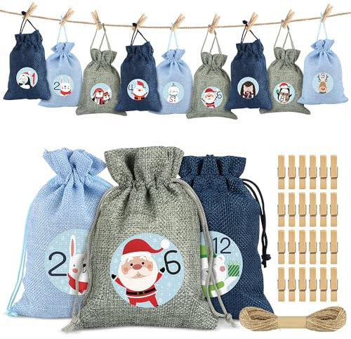 Sprinlot Adventskalender zum Befüllen Säckchen, 24 Weihnachtskalender Stoffbeutel, Adventskalender Säckchen Wiederverwendbar, Weihnachtskalender Jutesäckchen, Adventskalender Stoffsäckchen