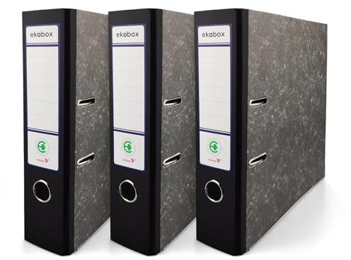 Netuno 3x Ordner Aktenordner 2-Ringordner Ekobox marmoriert schwarz folder organiser 75mm A4 breit aus Pappe Karton für Büro Regal Mappen office Schreibtisch