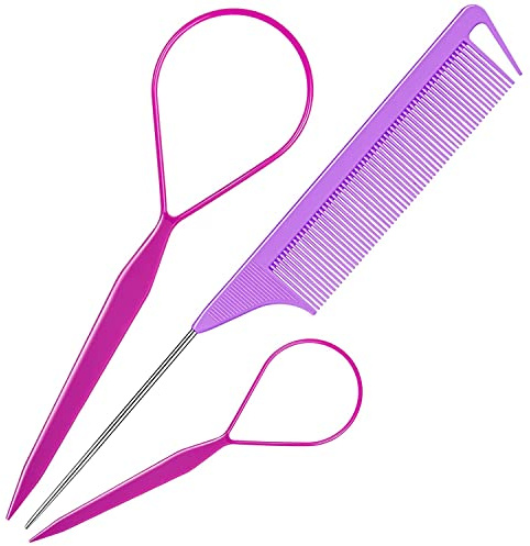 MORGLES Topsy Tail Hair Tool, Hair Braiding Tool for DIY Daliy Hair Styling | Durable Plastic, French Braid Loop Tool with Rat Tail Comb, For Women and Dancers with All Hair Types, Purple