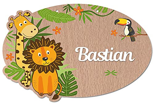 Plaque de Porte Jungle Personnalisée. Plaque Chambre Enfant. Plaque Bois Personnalisable avec Prénom. Décoration Chambre Enfant Animaux Originale - 2 perçages en Haut, Plexi Blanc