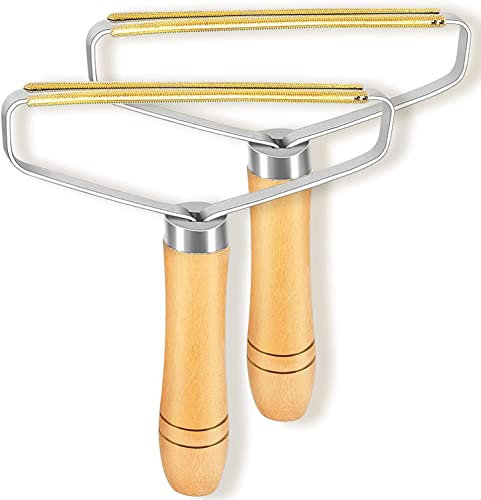 SPICOM 2 Pack Portable Lint Remover | Carpet Scraper Shaver | with Wooden Handle | Reusable Manual Brush | Sweater Woven Coat Carpet and Pet Hair Removal