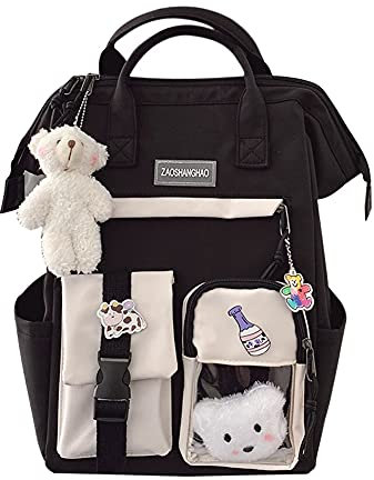 LYEAA Kawaii Rucksack mit Pins & Plüschtier-Anhänger, Frauen Mädchen adretter Stil PVC Patchwork Transparenter Rucksack Schultasche Große Kapazität Rucksack Handtaschen, Stil C, schwarz