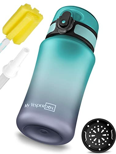 My Vesperbox Minny Gourde anti-fuite pour enfant, avec paille ou passoire, 350 ml, 500 ml, 750 ml, bouteille d'eau légère en Tritan, sans BPA, pour la maternelle, l'école (gris-bleu, 350 ml)