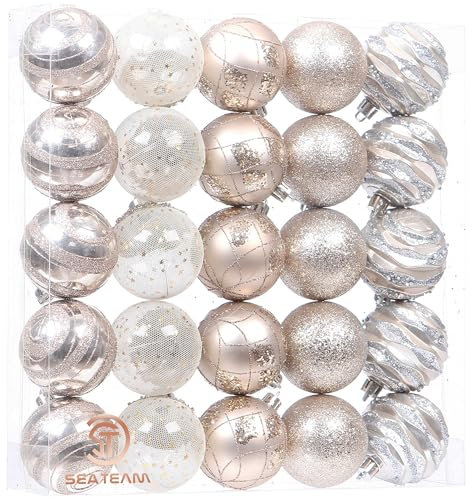 Sea Team 25-Pack Christmas Ball Ornaments with Strings, 60mm/2.36-Inch Medium Size Baubles, Shatterproof Plastic Christmas Bulbs, Hanging Decorations for Xmas Tree, Holiday, Wedding, Party, Champagne