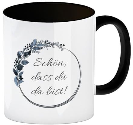 speecheese Schön dass du da bist! Kaffeebecher Schwarz Besonders geeignet zum Brunch zum Weihnachtsfest zum Geburtstag zum Muttertag für Kaffeeliebhaber oder für Kaffeejunkies.