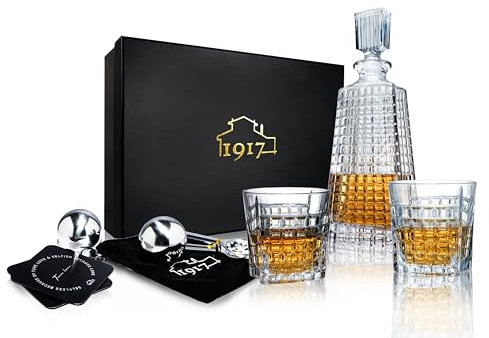 1917 Whiskey Decanter 9 Pieces Set, Crystal Whiskey Decanter and Glass Set with Bar Accessories in Gift Box, Premium Liquor Decanter Set, Perfect for Scotch, Bourbon, Brandy, Gifts for Men