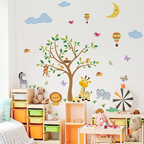 HaoFuJi Selbstklebend Groß Wandsticker Baum Pflanzen Blumen Schmetterlinge Wandtattoo Tiere Elefant Löwe Deko Tapete Wanddeko für Wohnzimmer Kinderzimmer Schlafzimmer Flur Büro