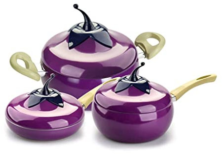 PURRL Juego de ollas antiadherentes y sin Humo para Cocina Estilo Berenjena Creativa de 20cm, Olla para Sopa, Olla para Leche, sartén y sartén, Juego de Utensilios de Cocina Little Surprise