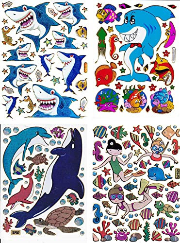 4 Bogen Metallic Glitzer Effekt - Fische Hai Taucher Schildkröte Sticker Aufkleber Sticker Promotion Kindergeburtstag Dekorieren Hobby Basteln Sammeln selbstklebend und vorgestanzt