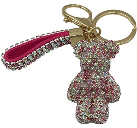 Steinfixx® Edler Glitzerbär Schlüsselanhänger mit Ring und Lederschlaufe | luxuriöses Geschenk | Cartoon | Strass (Pink-weiß)
