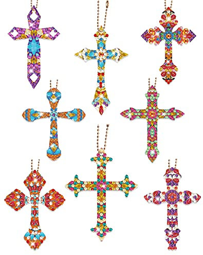 Anvin 8 Stück Diamant-Malerei-Schlüsselanhänger, doppelseitig, 5D, Kreuzform, Strass, Malerei, Kunst, Edelstein, Schlüsselanhänger, DIY, glitzernd, Ornament, Anhänger für Anfänger, Erwachsene, Kinder,