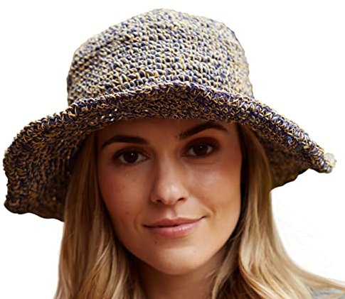 Pachamama Sonnenhut aus Hanf, Baumwolle, gehäkelt, breite Krempe, einfarbig, Einheitsgröße, faltbar, für Reisen, Urlaub, Strand, Garten, handgefertigt, Fair Trade, denim, Einheitsgröße