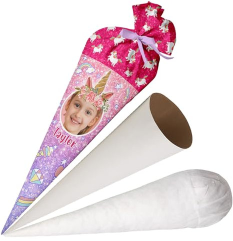 Ferocity Schultüte Glitzer Einhorn mit Namen und Foto für Mädchen, Personalisierte Foto Tüte, aus Stoff, 70 cm Zuckertüte mit Papprohling und Füllung, große Tüte als Kissen [149]